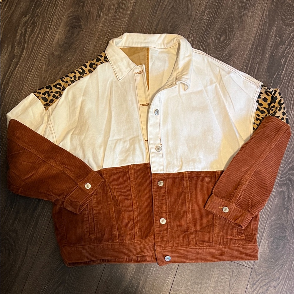 Two-Tone Jean Jacket with Leopard Print